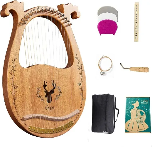 Lyre Harp, 16-String Harp Solid Wood Mahogany Lyre Harp with Tuning Wrench, Pick,Strings, Black Gig Bag and Instruction Manual for Beginners Instruments Lovers (Wood color)