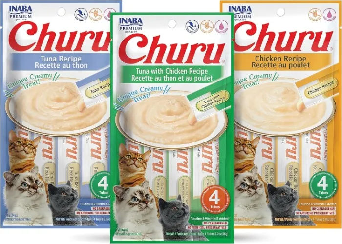 INABA Churu Lickable Purée Natural Cat Treats Tuna & Chicken 3 Flavor Assortment of 12 Tubes