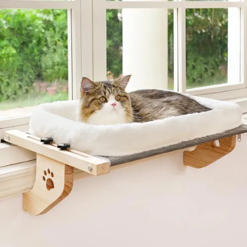  Cat Sill Window Perch Sturdy Cat Hammock Window Seat with Cushion Bed Cover, Wood & Metal Frame for Large Cats, Easy to Adjust Cat Bed for Windowsill, Bedside, Drawer and Cabinet