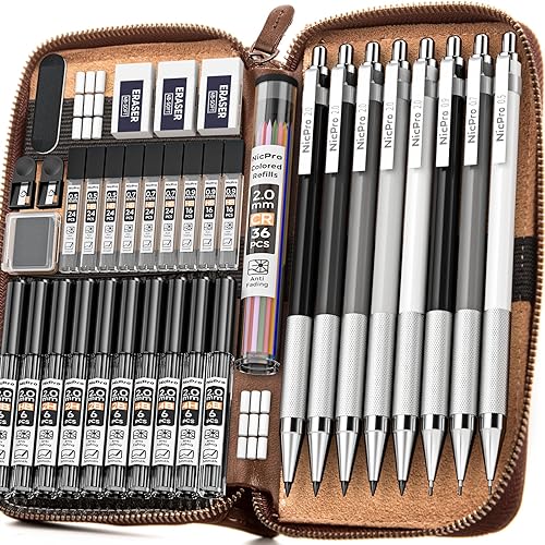 Nicpro 38PCS Art Mechanical Pencils Set in Leather Case, 3 PCS Metal Drafting Pencil 0.5, 0.7, 0.9 mm & 5 PCS 2mm Lead Holder (6B 4B 2B HB 2H 4H Colors) For Sketching Drawing With 20 Tube Lead Refills - 38PCS