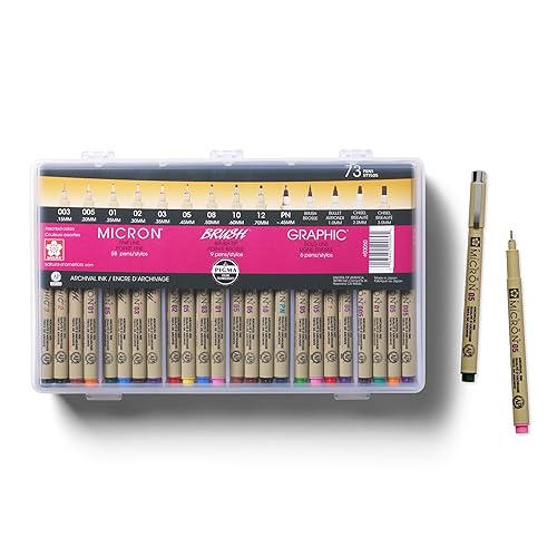 SAKURA Pigma Micron Fineliner Pens - Archival Black and Colored Ink Pens - Pens for Writing, Drawing, or Journaling - Assorted Point Sizes - 73 Pack with Container - 73 count