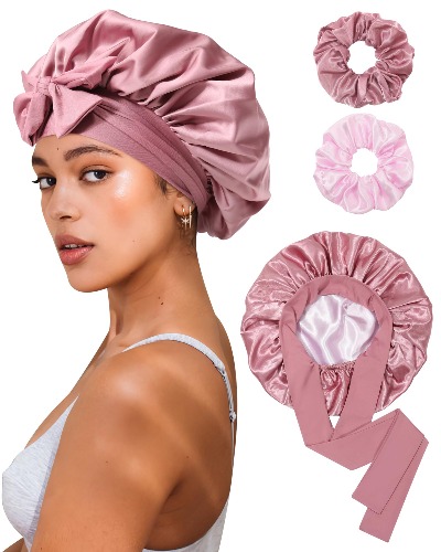 Reversible Satin Bonnet for Sleeping Women Double Layer Hair Bonnet with 2PCS Hair Scrunchies Elastic Tie Band Night Cap - Bean Paste + Pink