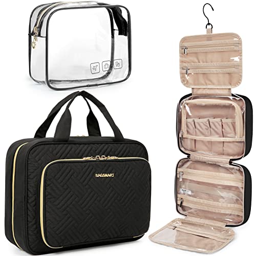BAGSMART Toiletry Bag Hanging Travel Makeup Organizer with TSA Approved Transparent Cosmetic Bag Makeup Bag for Full Sized Toiletries, Large-Blck - Large - Black
