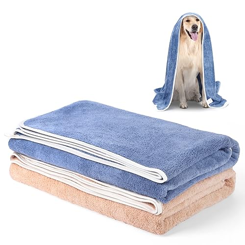 TAIYUNWEI Dog Towel, 2 PACK LARGE & SUPER Absorbent Microfibre Pet Towel, Microfiber Pet Bath Towel for Dogs Cats, Machine Washable & Dryable - Brown + Blue