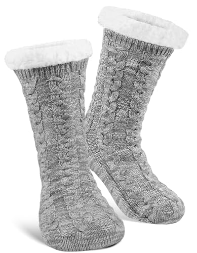 UUMIAER Thick Warm Slipper Socks Soft Cozy Fuzzy Fleece-Lined Non Slip Socks Winter Indoor Thermal Socks Grips - Grey