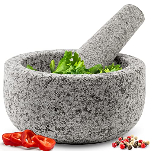 Heavy Duty Small Mortar and Pestle Set, Hand Carved from Natural Granite, Make Fresh Guacamole, Salsa, Pesto, Stone Grinder Bowl, Herb Crusher, Spice Grinder, 5.5" Wide, 1.5 Cup, Grey - 1.5 cup - Grey