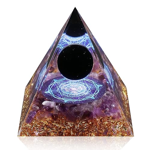 Hopeseed Orgone Pyramid for Positive Energy, Orgonite Amethyst&Obsidian Healing Crystal Pyramids for Reduce Stress Chakra Reiki Healing Meditation Attracts Lucky and Success - Amethyst&obsidian-b