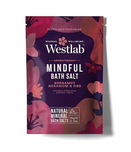 Westlab Mindful CBD Bath Salts 1kg - Epsom & Himalayan Salts Infused with Bergamot, Geranium for Calming and Soothing, Guaranteed Purity.