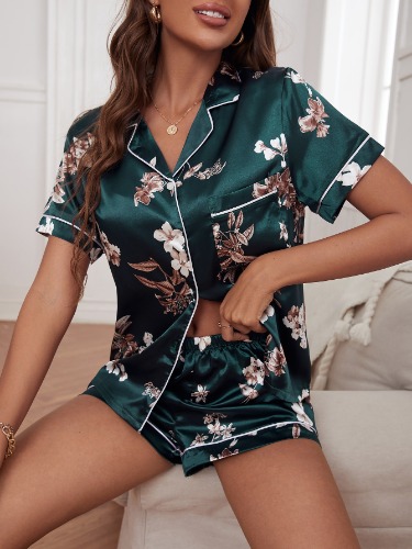 CoupledUp Floral Print Contrast Piping Satin PJ Set