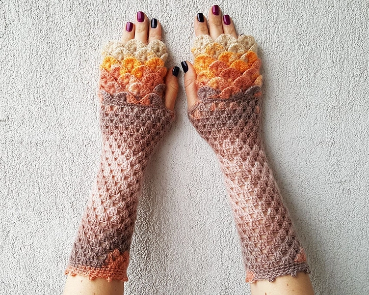 Crochet Dragon Gloves in Sunset Colors