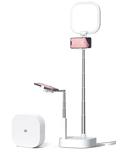 Viozon Extendable Selfie Stand,Height&Angle Adjustable,Overhead 360° Rotate,2 Phone Holders,Rechargeable Wireless Foldable 15 Brightness LED Light for Live Streaming/YouTube/Tiktok/Video/Makeup
