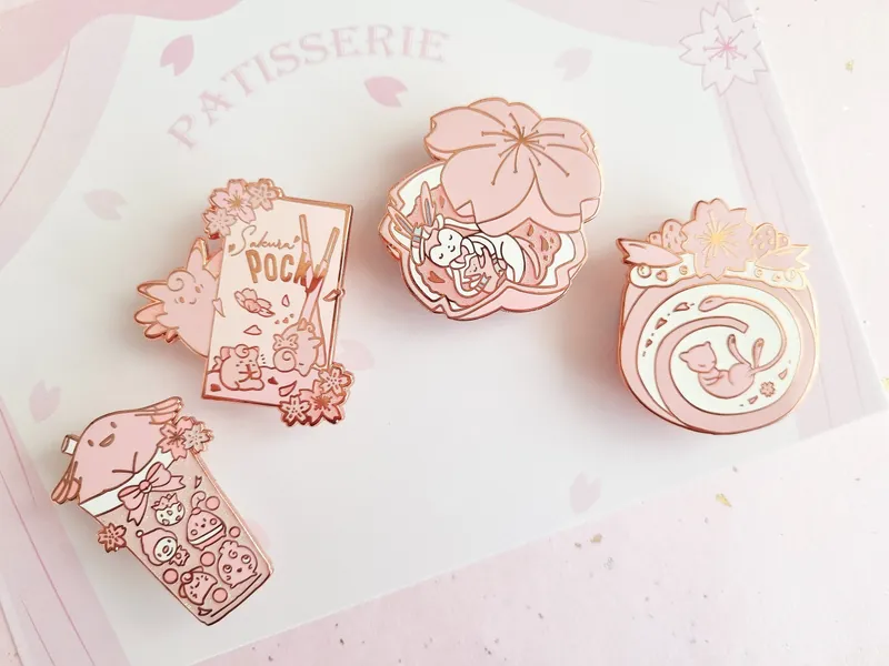 Sakura Snacks Rose Gold Glitter Hard Enamel Pins, Spring Cherry Blossom Pink Kawaii Pins, Pocky, Monaka, Boba Tea Pins, Sakura Ita Bag