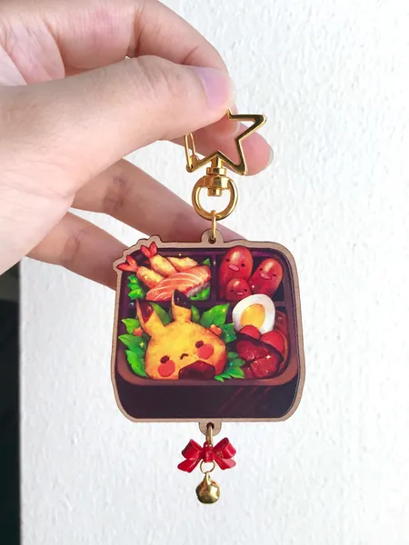 Cute pokemon bento 2” wood charm, kawaii egg sashimi shrimp tempura onigiri Japanese food keychain