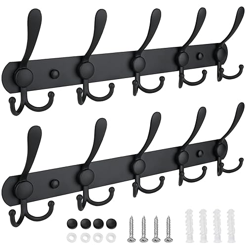 TICONN Wall Mounted Coat Rack, Five Heavy Duty Tri Hooks All Metal Construction for Jacket Coat Hat in Mudroom Entryway (Matte Black, 2-Pack) - 2 - Matte Black