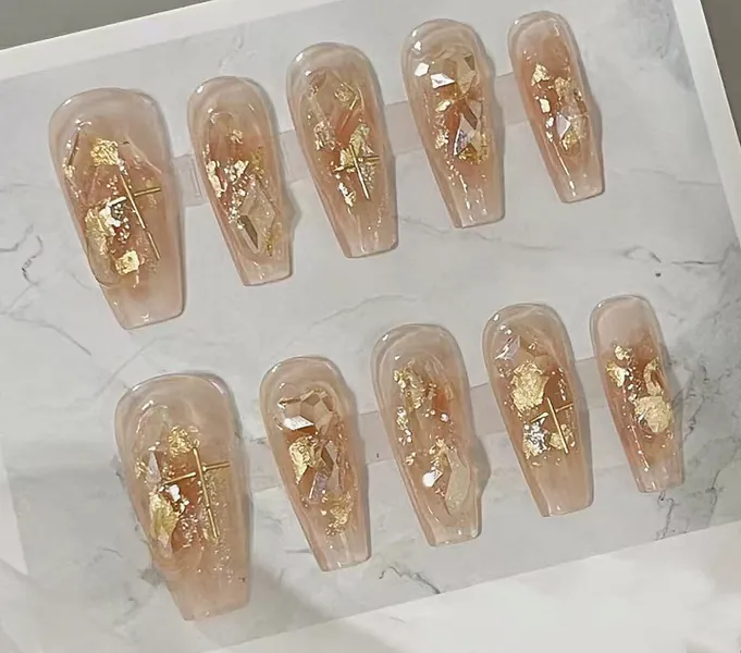 Handmade Iced Tea Golden Brown Rhinestone Glitter Press On Nails Brown Nails Gold Nails Glitter Nails Reusable Nails Acrylic Nails