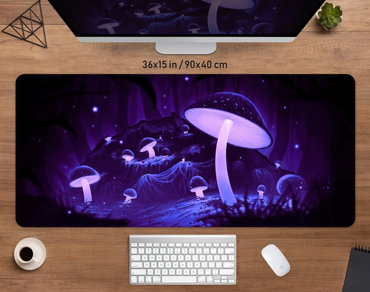 Purple forest desk mat mushroom mousepad, Gaming deskmat mouse pad xxl xl big, Magic witchy cottagecore, violet glowing neon lights led rgb