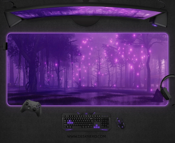 Purple forest Desk Mat, Glowing firefly Mouse Pad, Magical witchy fairy goth nature aesthetic, xxl xl rgb led gaming deskmat large mousepad