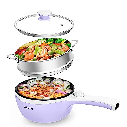 Dezin Hot Pot Electric with Steamer Upgraded, Non-Stick Sauté Pan, Rapid Noodles Electric Pot, 1.5L Mini Pot for Steak, Egg, Fried Rice, Ramen, Oatmeal, Soup with Power Adjustment (Egg Rack Included) - G(Purple/with Steamer)