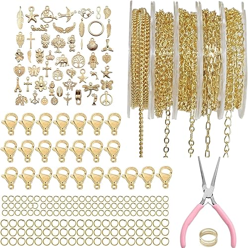 16.4 ft Necklace Chain for Jewelry Making, 5 Rolls Silver Plated Chains for DIY Necklace Bracelet Jewelry Making Accessories with Charm Pendants Jump Rings Lobster Clasps Pliers (gold) - Gold