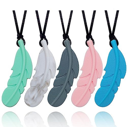 Sensory Chew Necklace for Kids, Boys and Girls, 5 Pack Silicone Feather Chewy Necklaces for Autism, ADHD, Chewing, Oral Motor Chewable Pendant for Mild Chewers - 5 Pack