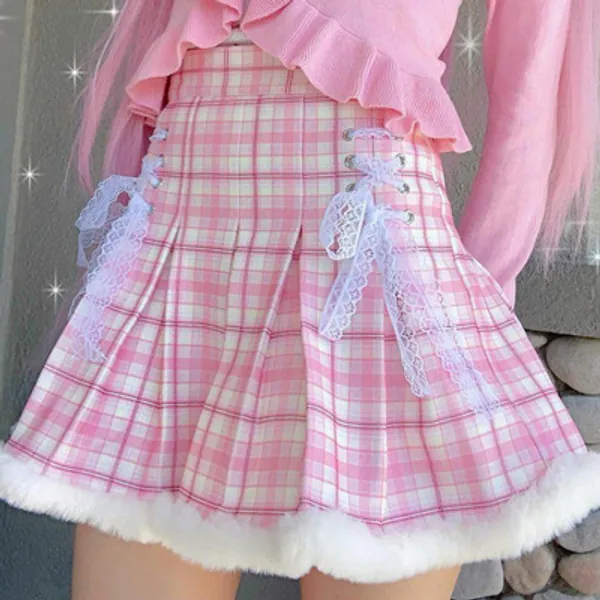 10.79US $ 30% OFF|Kawaii Plaid Mini Skirts Y2k Aesthetic High-waisted Lace Up Lolita Style Pleated Skirts Harajuku Grunge Mall Goth Clothes Women - Skirts - AliExpress