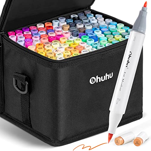 Ohuhu 120-Color Alcohol Art Markers Set, Dual Tip Sketch Marker, Alcohol-based Brush Markers, Comes w/ 1 Blender for Sketching, Adult Coloring, and Illustration -Honolulu Series (Fine & Brush) - Fine & Brush