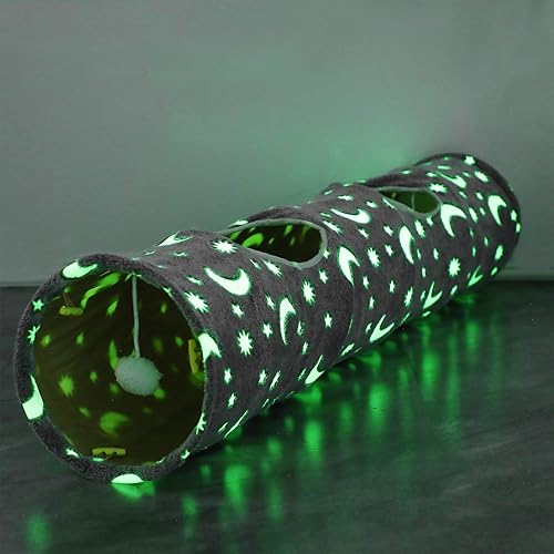 LUCKITTY Cat Tunnel Tube with Plush Ball Toys Collapsible Self-Luminous Photoluminescence, for Small Animals Pets Bunny Rabbits, Kittens, Ferrets,Puppy and Dogs Grey Moon Star - 47.2Inch