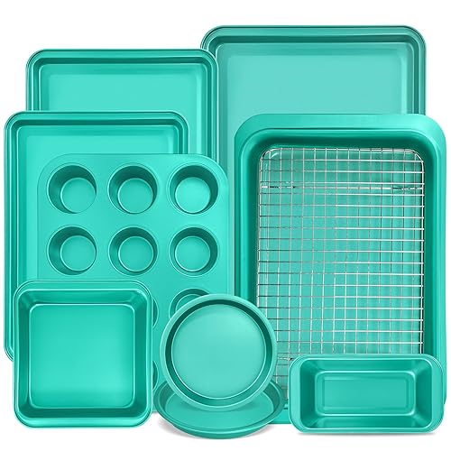 10-Piece Nonstick Bakeware Set Baking Pans, Baking Sheets, Cookie Sheets, Muffin Pan, Bread Pan, Pizza Pan, Cake Pan and Cooling Rack, Oven Safe/0.8mm Thick/Dishwasher Safe/Heavy Duty - 10sets-Blue