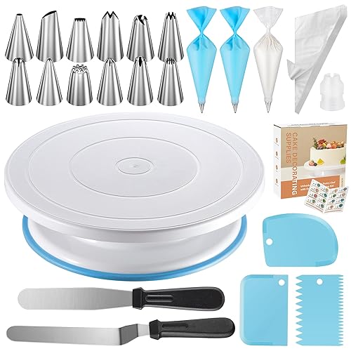 Kootek 71PCs Cake Decorating Supplies Kit with Revolving Cake Stand Turntable, 12 Numbered Icing Piping Tips, 2 Spatulas, 3 Icing Comb Scraper, 50+2 Piping Bags, and 1 Coupler for Baking - Blue