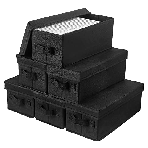 Moukeren 6 Pcs DVD Case with Lid 13.2 x 5.9 x 5.3 Inch Nonwoven Fabric Holder Decorative Organizer Storage Bins with Lids and Handles Holds 165 Discs(Black) - Black