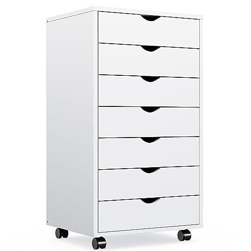 OLIXIS 7 Drawer Chest Wood File Cabinet Rolling Organization Storage Dresser with Wheels for Home Office, 15.75" D x 18.74" W x 34.25" H, White - White - 7 Drawer