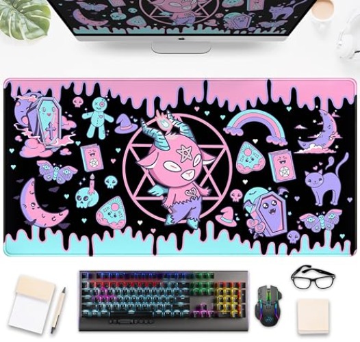 Cute Pastel Goth Desk Mat Kawaii Japanese XXL Extra Large Extended Desk Pad Gaming Mouse Pad, Anime Computer Laptop Mat Keyboard and Mouse Mat for Women Office Desk Decor Gamer Gift 31.5"x15.75" - Pastel Goth