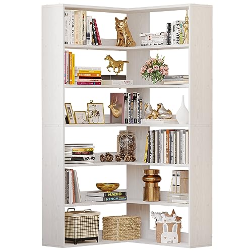 IRONCK Bookshelves 6 Tiers with Baffles Industrial Large Corner Etagere Bookcase Storage Display Rack for Living Room Home Office - Industrial White