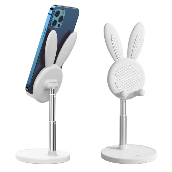 nediea Cute Bunny Phone Holder, Desktop Cell Phone Holder Stand, Height Angle Adjustable Phone Stand, Compatible with Most Mobile Phone or Tablet(4-10 Inch) (White)…