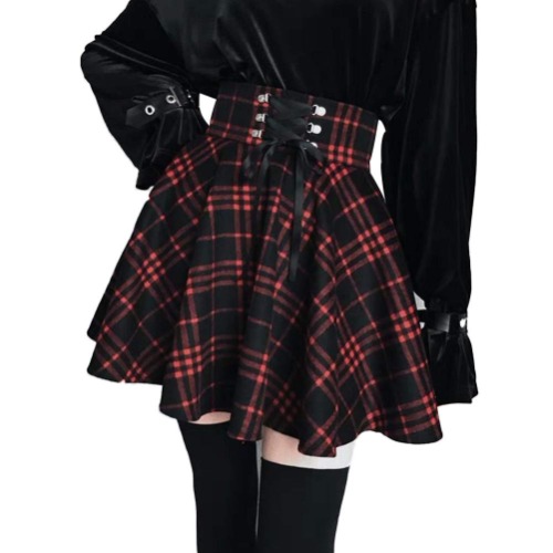 XIANGLIOOD Women's Plaid A-line High Waist Flare Pleated Short Mini Black Red Skirt Dress