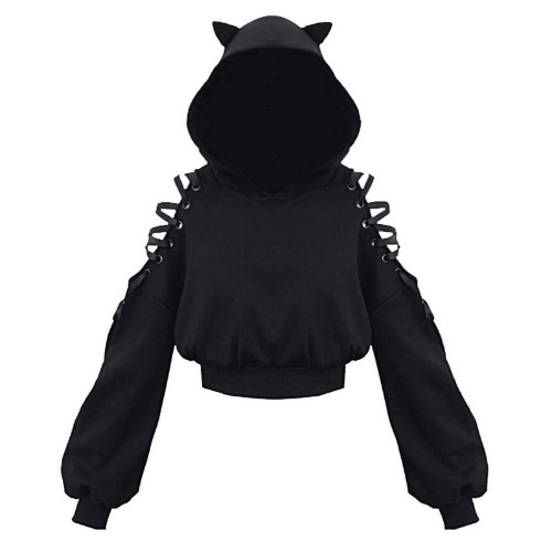 Occus Women's Cute Cat Ear Hoodie Hollow Out Long Sleeve Sweatshirt Loose Pullover Top Witchcraft Cool Crop Top Hip Hop Hooded