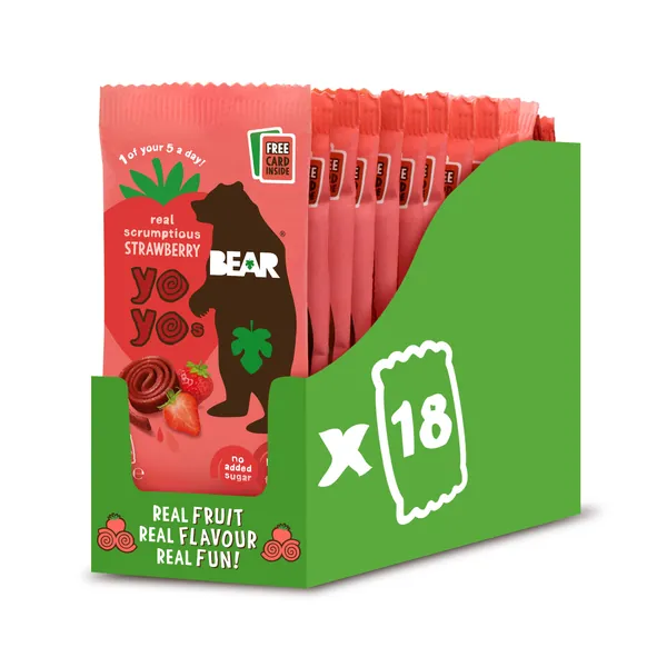 BEAR Strawberry Yoyos - Dried Fruit Rolls - Healthy Kids Snack - Vegan - 20g (18 packs)