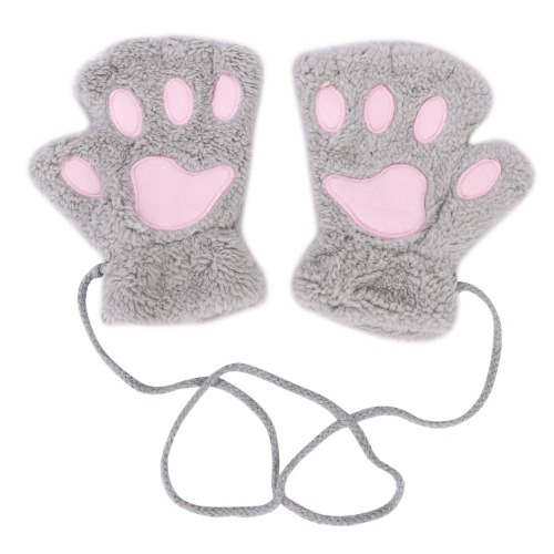 Women Girls Warm Half Finger Plush Gloves Mittens Cute Bear Cat Dog Paw Gloves Fingerless Mittens Hanging Neck Gloves Mittens with Anti-lost String Hand Warmer for Outdoor Sports Touchscreen Typing