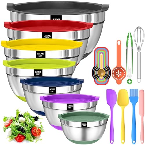AIKKIL Bowls with Airtight Lids, 20 piece Stainless Steel Metal Nesting Bowls, Non-Slip Colorful Silicone Bottom, Size 7, 3.5, 2.5, 2.0,1.5, 1,0.67QT, Great for Mixing, Baking, Serving - Colorful