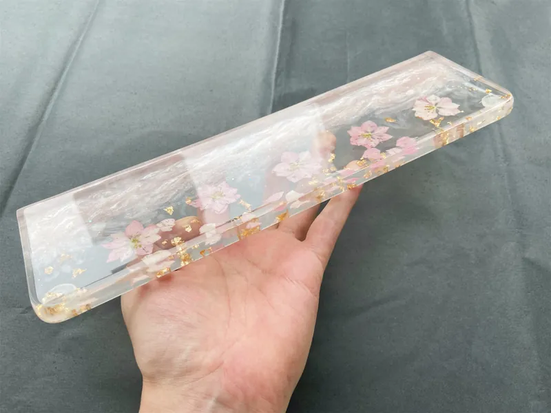 Pale Pink Wrist Rest, Delphinium Flowers Wrist Rest, Gold Foil Wrist Rest, Artisan Resin Wrist Rest, Pink Dried Flowers, Mechanical Keyboard