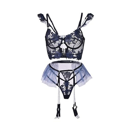 HHX Women Lingerie Sexy Teddy One-Piece Lace Babydoll Fishnet BabyDoll Bodysuit Nightie - Large - Blue