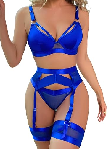 Kaei&Shi Garter Lingerie For Women,Sexy Lace Lingerie,Sheer Matching 4 Piece Lingerie Set - 4-6 - Royal Blue