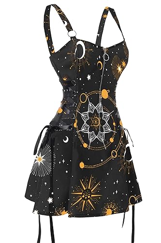 FEAPHY Women's Gothic Dress Galaxy Sun Star Sleeveless Zip Front Lace Up A-Line Mini Dress - Medium - Galaxy-black