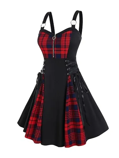 Rosegal Gothic Lace Up Plaid Half Zipper Fit and Flare Gothic Dress