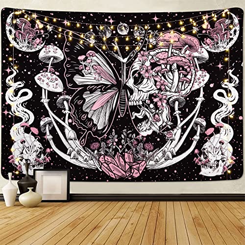 Yrendenge Skull Butterfly Tapestry Hippie Mushroom Wall Hanging Aesthetic Moth Tapestries Moon and Stars Room decor for Bedroom Livingroom College 210 * 150cm（83×59inches） - Skull Mushroom Moth - 210*150cm