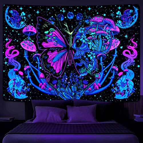 Yrendenge Fluorescent Tapestry, Butterfly Mushroom Wall Hanging, Skeleton Moon Phase Tapestries, Bedroom Dormitory Aesthetic Wall Cloth, Polyester Tapestry 210 * 150 cm - Multi - 210x150cm