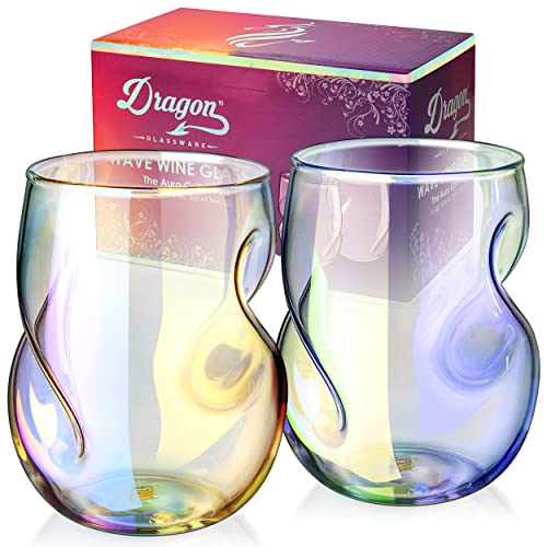 Dragon Glassware Stemless Wine Glasses, Iridescent Glass with Finger Indentations, Naturally Aerates Wine, Unique and Elegant Drinkware, 16 oz Capacity, Set of 2 - 2 Count (Pack of 1) - Iridescent
