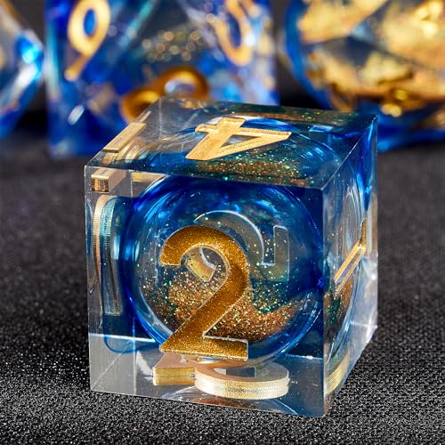 MS hong Sharp Edge Resin DND Dice Set,Dungeons and Dragons Dice Set D&D with Box, 7 Pcs Polyhedral RPG D and D Role Playing Dice D20 D12 D10 D8 D6 D4,Crystal Blue and Gold Quicksand Glitter Liquid - Blue and Gold Quicksand Glitter Liquid Core