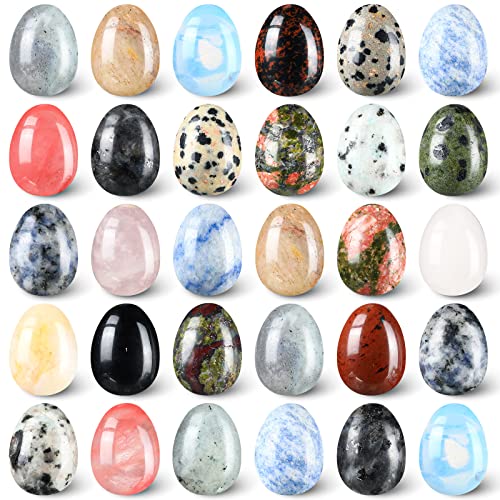 Nuenen 30 Pieces Worry Stones Egg Rock Crystal Bulk Gemstone Polished Mineral Rock Egg Stones Pocket Palm Chakra Eggs Crystal for Anxiety Relief Meditation Reiki Balancing Easter Decor (Classic Color) - Classic Color