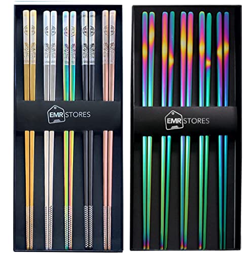EMRSTORES Stainless Steel Chopsticks- Chopsticks Reusable Dishwasher Safe Metal Chopsticks - Easy to Use - Multicolor Laser Engraved and Dazzling Chopsticks Bundle Set - 5+5 Pairs Gift Set